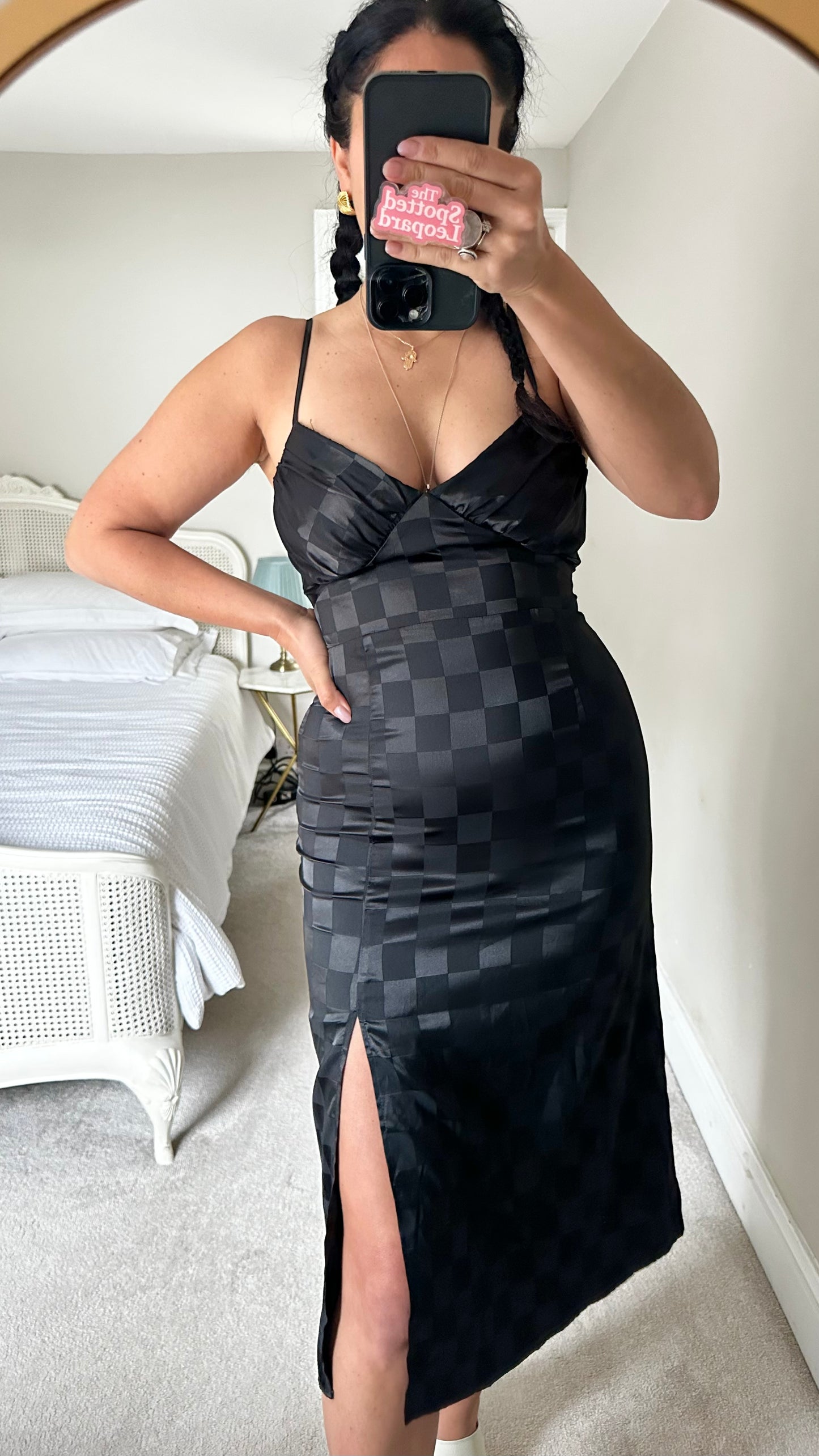Lola May black gingham check squares strappy side split midi event dress small UK 10 vgc