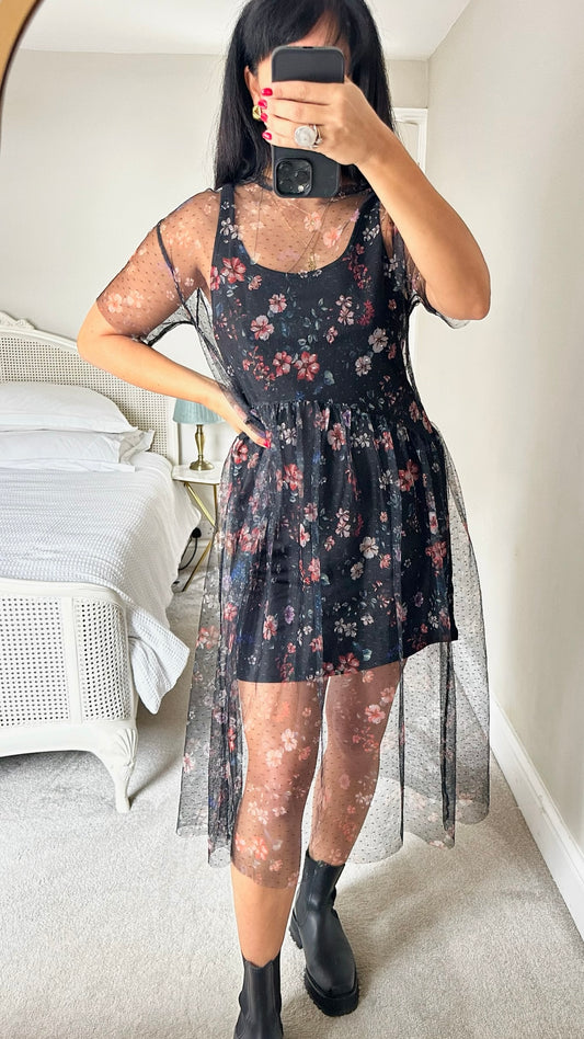 Mango black floral mesh overlay event dress large UK 12 vgc