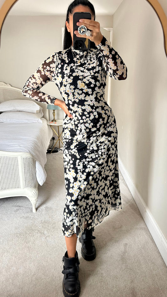 Mint Velvet black white daisy floral mesh event midi long maxi dress small UK 8 10 vgc w25