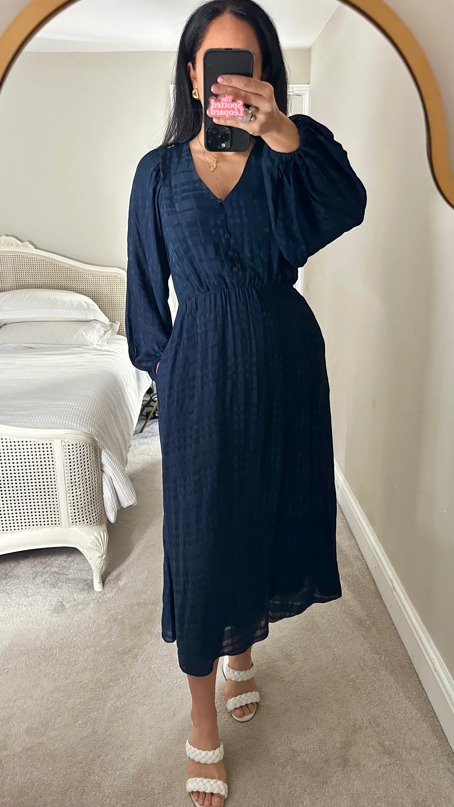 Oliver Bonas navy blue gingham check midi dress small UK 8 vgc