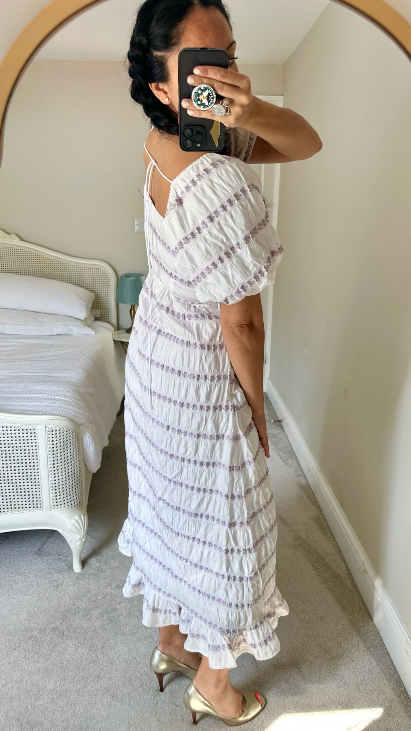 Mint velvet white lilac floral print matte tiered maxi midi dress small medium UK 10 14