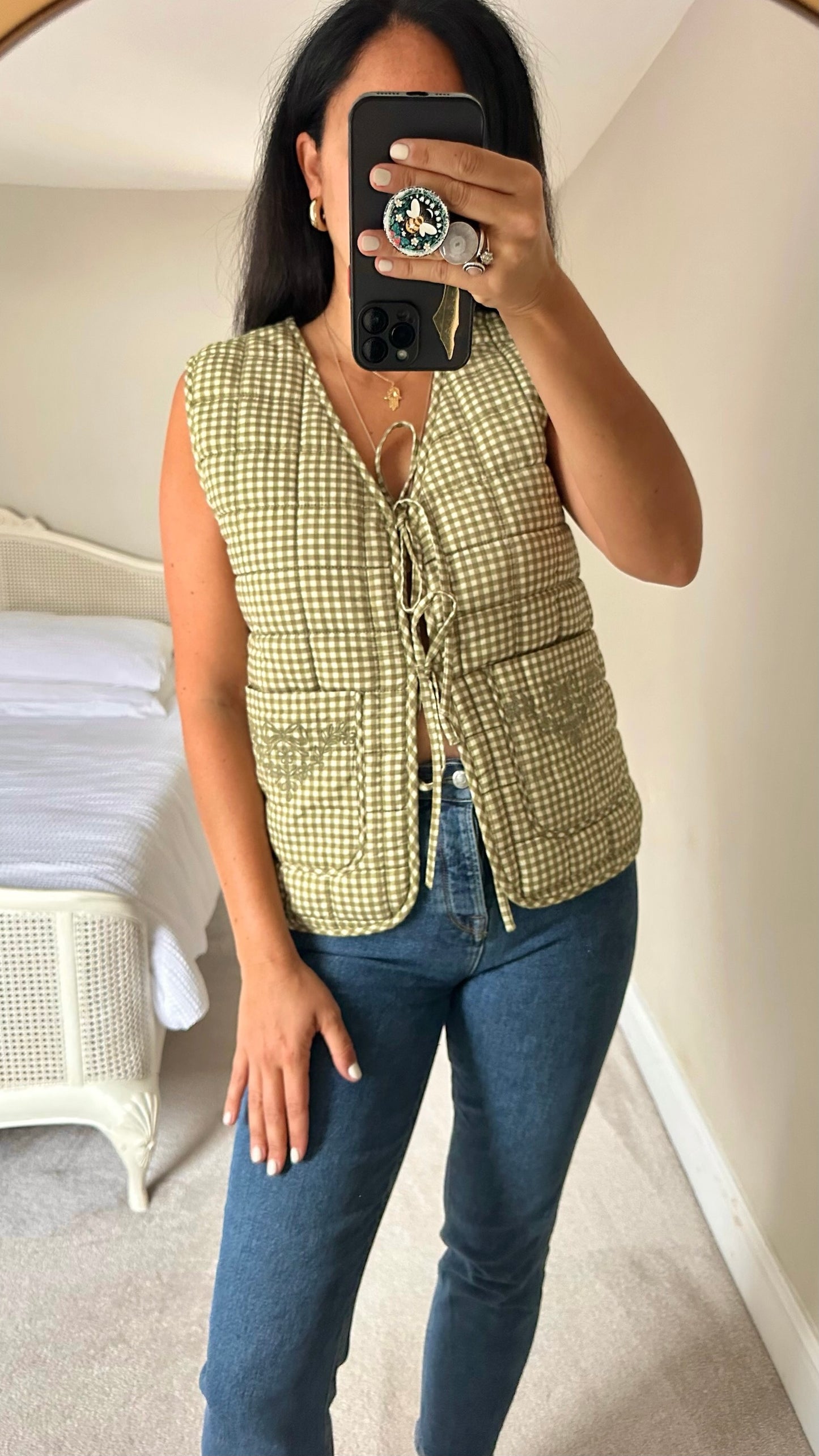 Damson madder reversible green pink gingham waistcoat top medium UK 10 vgc