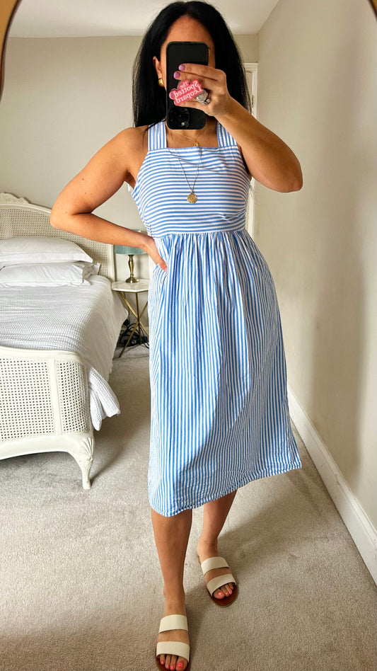 Albaray light blue white stripe midi cotton sundress holiday small UK 8 vgc