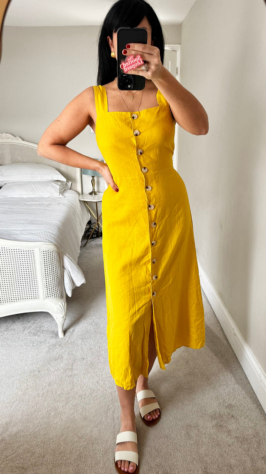 Warehouse yellow lemon button up linen blend holiday sun dress small UK 8 10 vgc