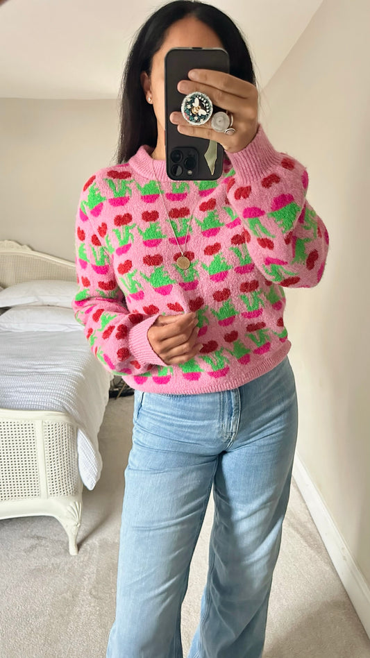 Kitri soft pink red green cherry print alpaca blend jumper small S UK 8 vgc W25