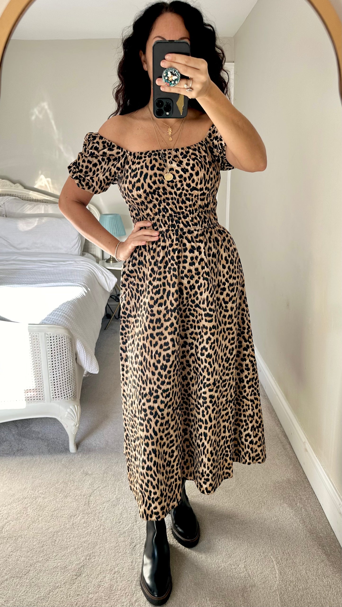 Albaray animal leopard print off shoulder long dress small UK 8 vgc