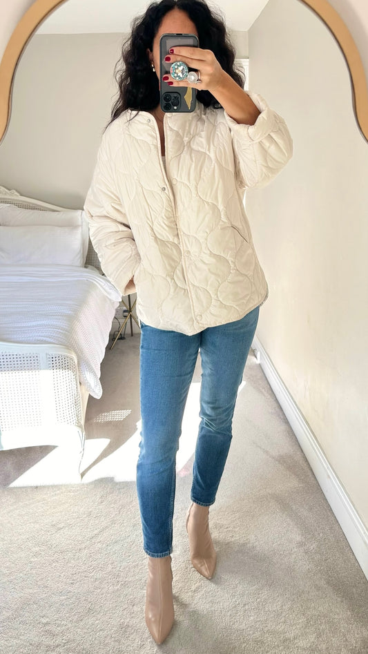 Mango white quilted jacket coat large L UK 12 vgc