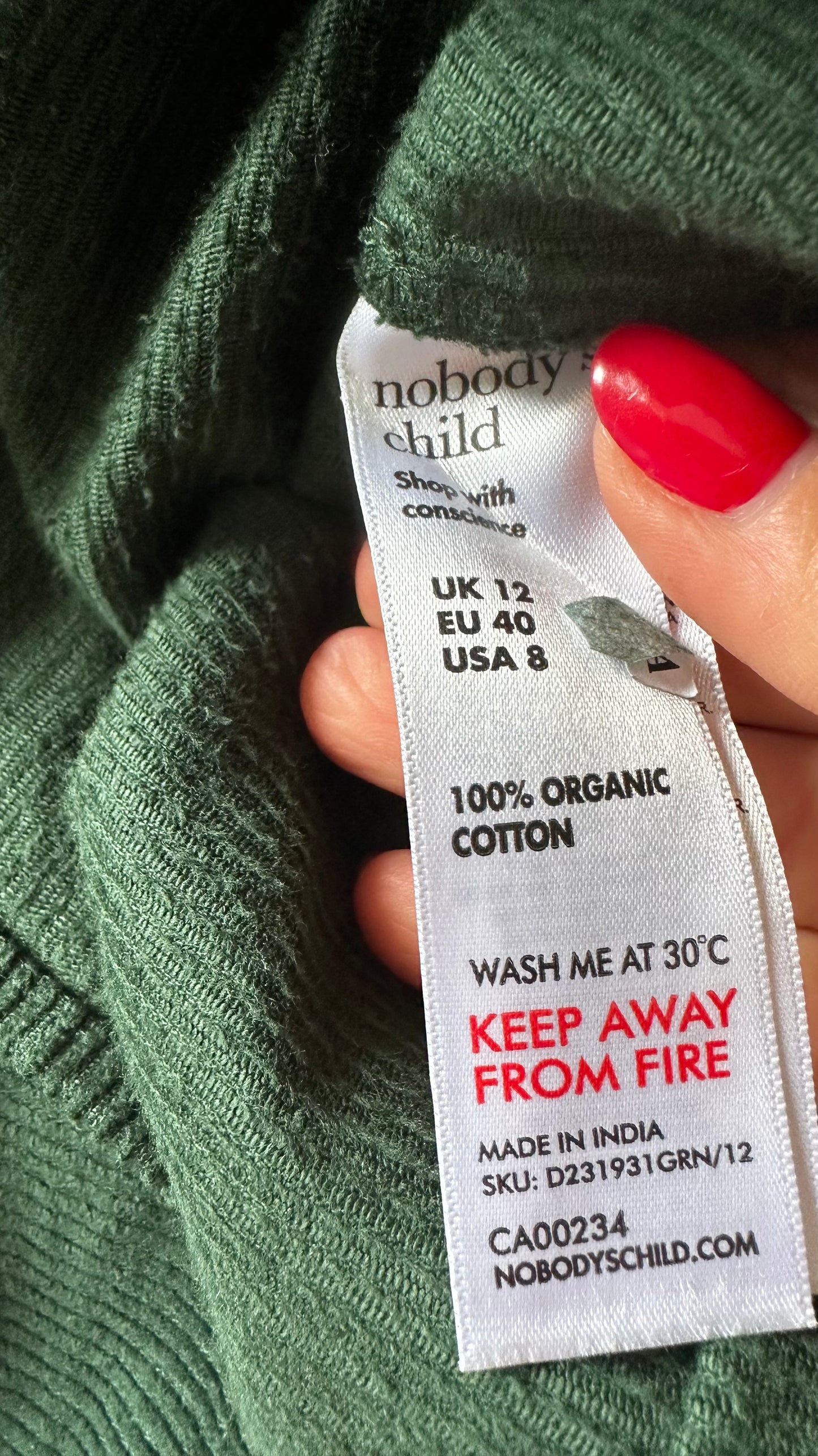 Nobody’s Child green corduroy mini tunic dress medium UK 12 vgc