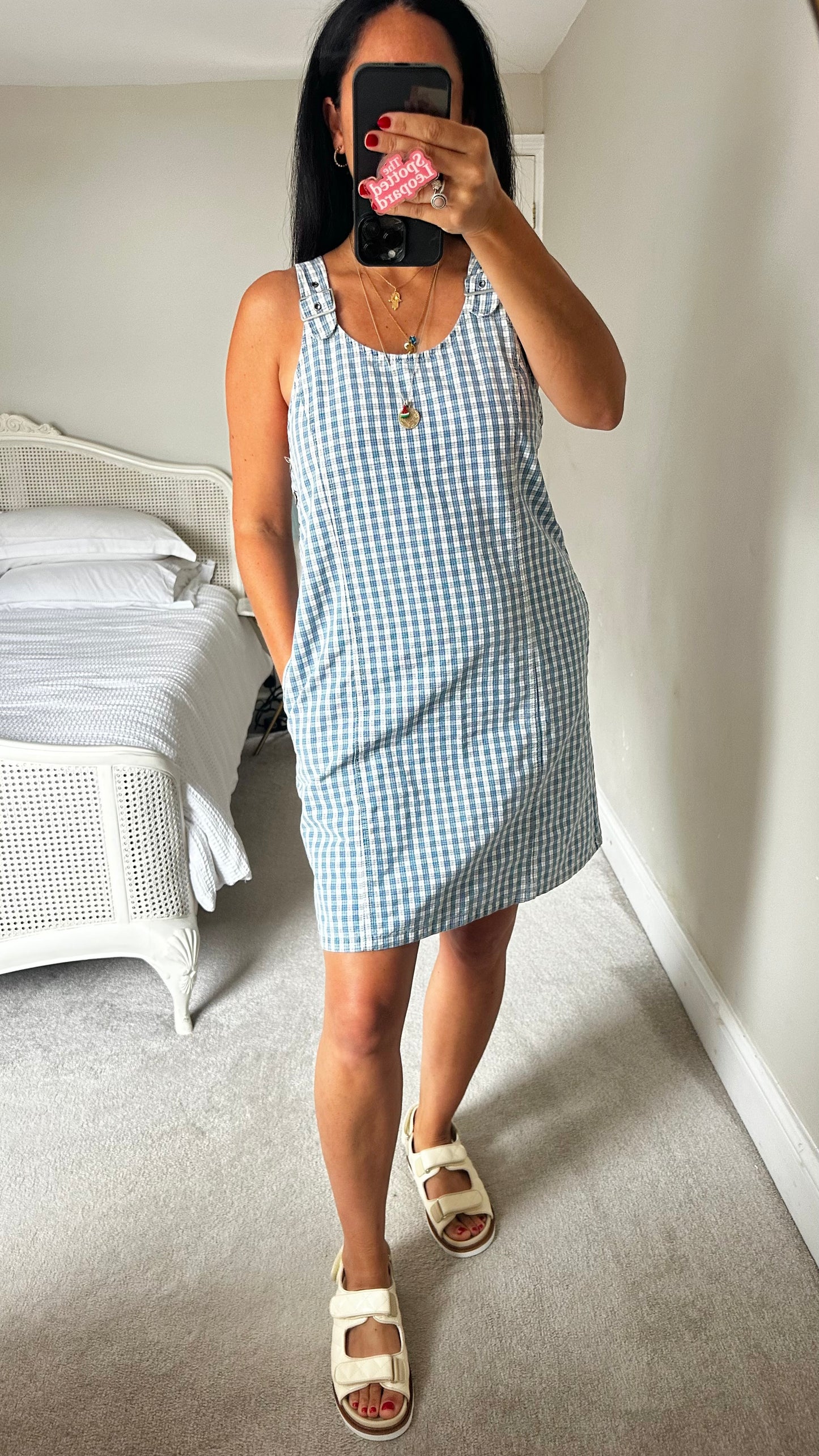 Levis light blue white gingham vintage dungaree dress medium UK 12 vgc