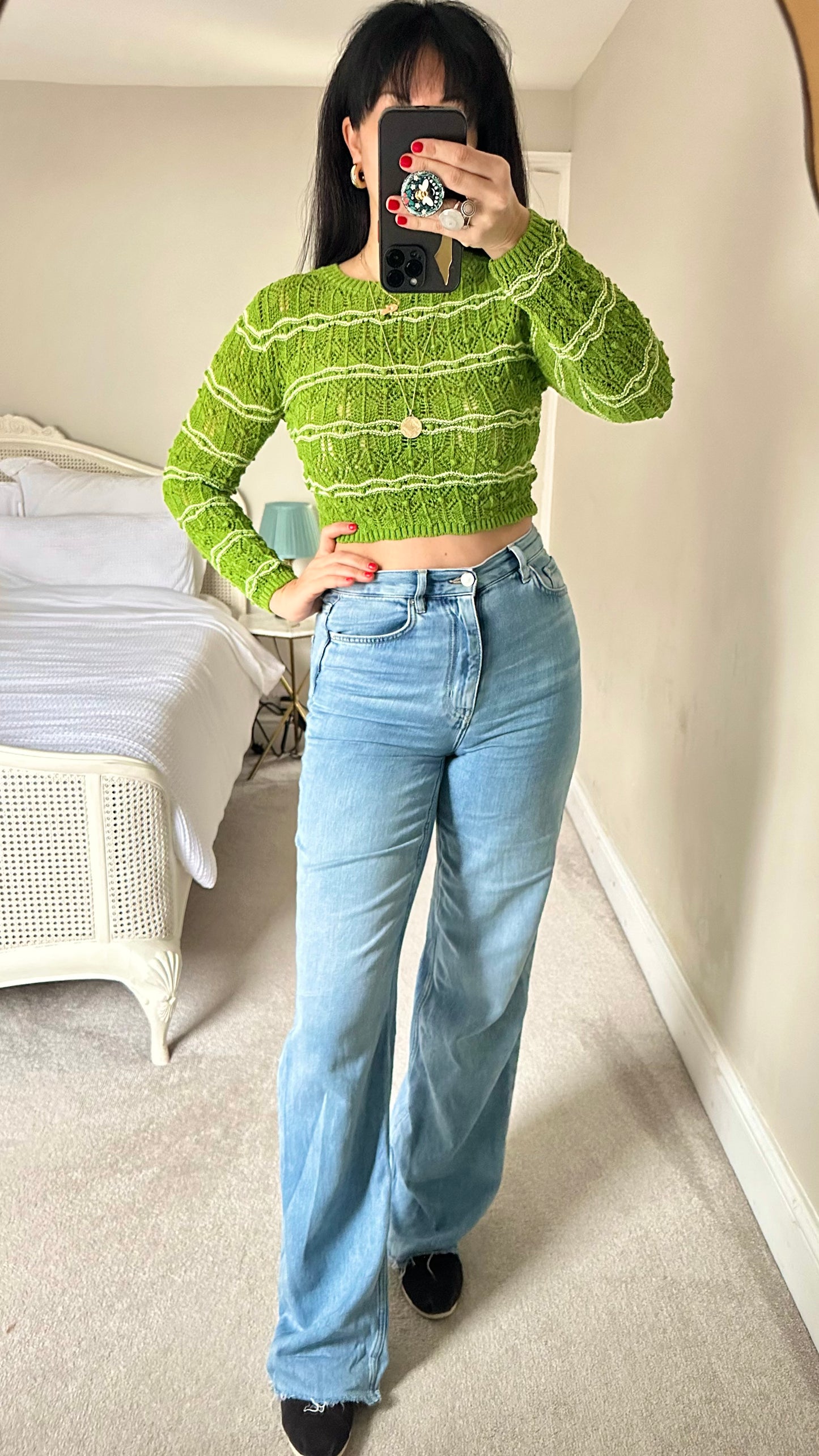 Zara bright green crochet knitted jumper cropped small UK 8 vgc