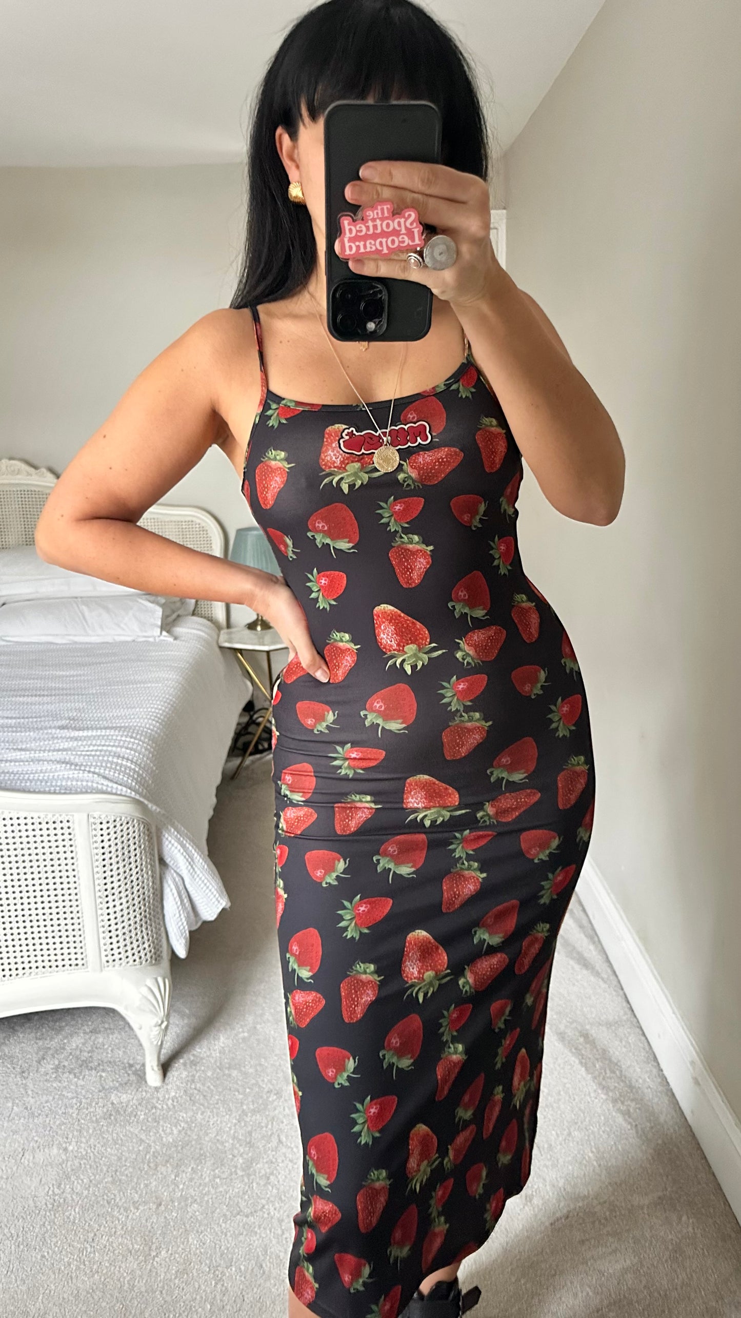 MINGA London @ Urban Outfitters black red strawberry fruit print midi slip dress small UK 8 new bnwt