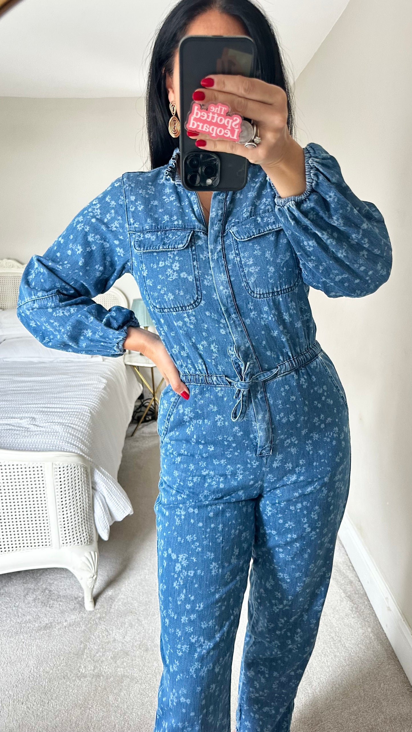 Oliver Bonas blue denim jeans boilersuit jumpsuit floral small UK 8 vgc