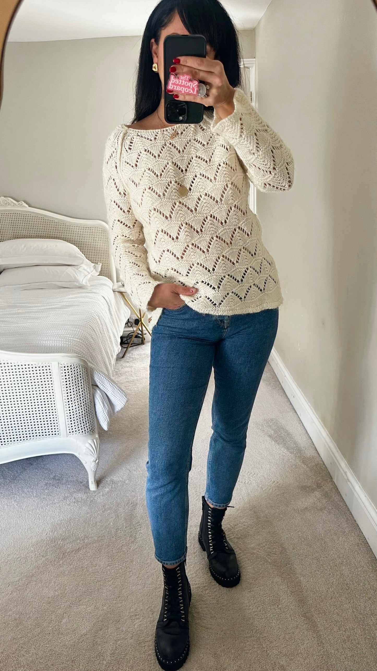 Weird fish cream white mohair wool blend crochet knit jumper UK 12 vgc XMS25