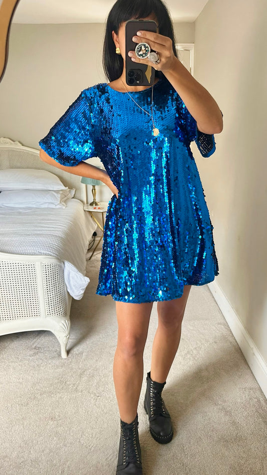 Anthropologie cobalt blue sequin event party mini dress large UK 12 vgc w25
