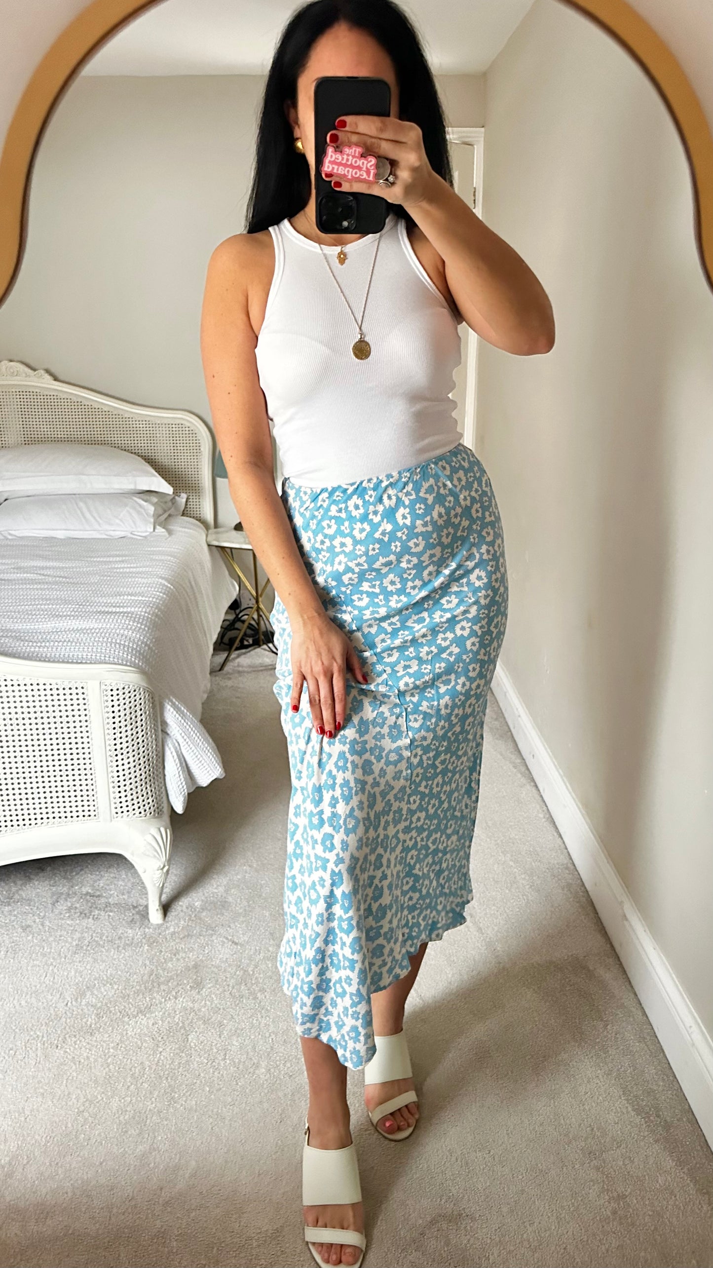 Feather & bone light blue white floral midi long skirt medium UK 12 vgc