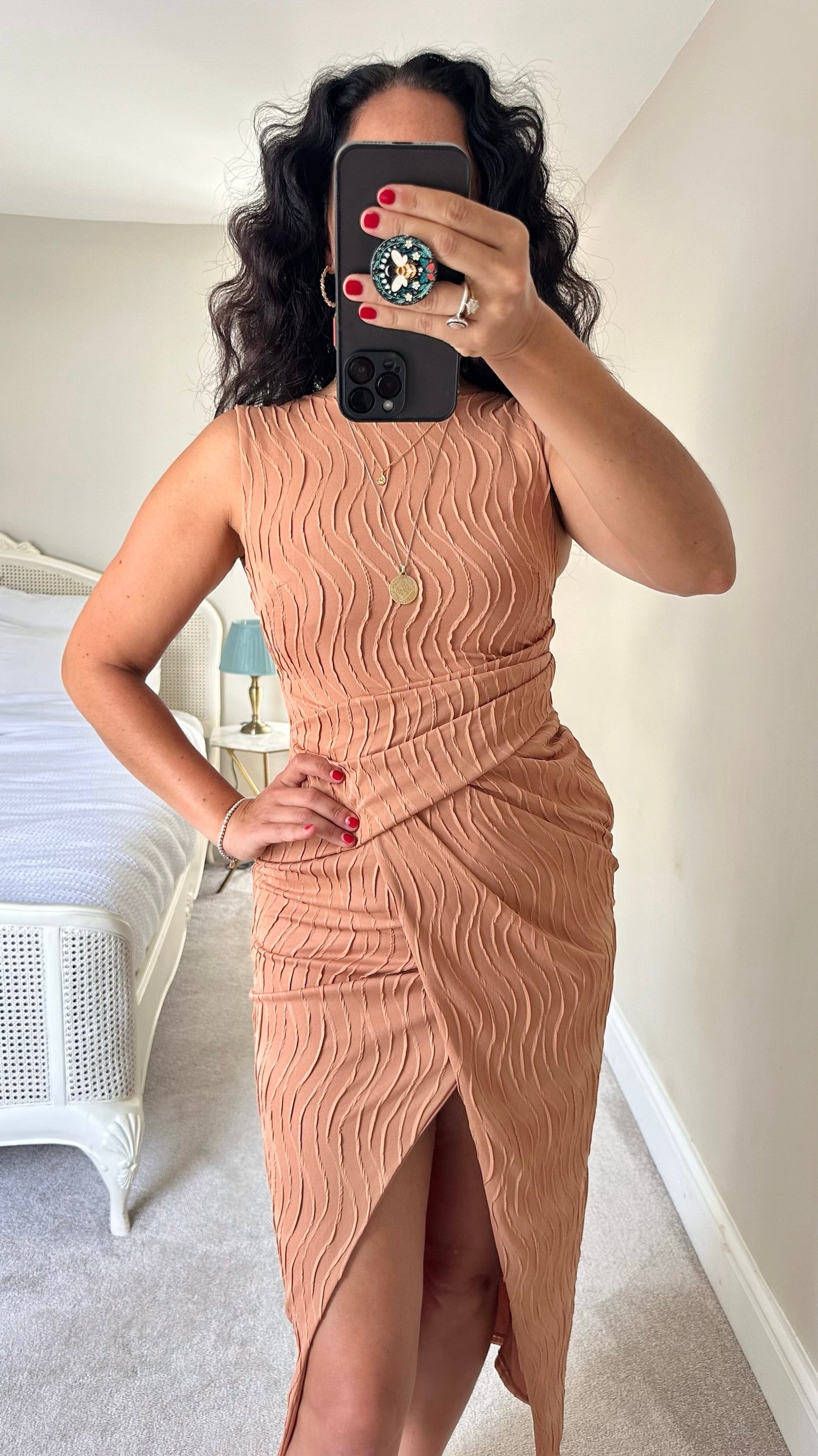 ASOS gold tan terracotta wavy stitch front split midi dress small S UK 8 vgc