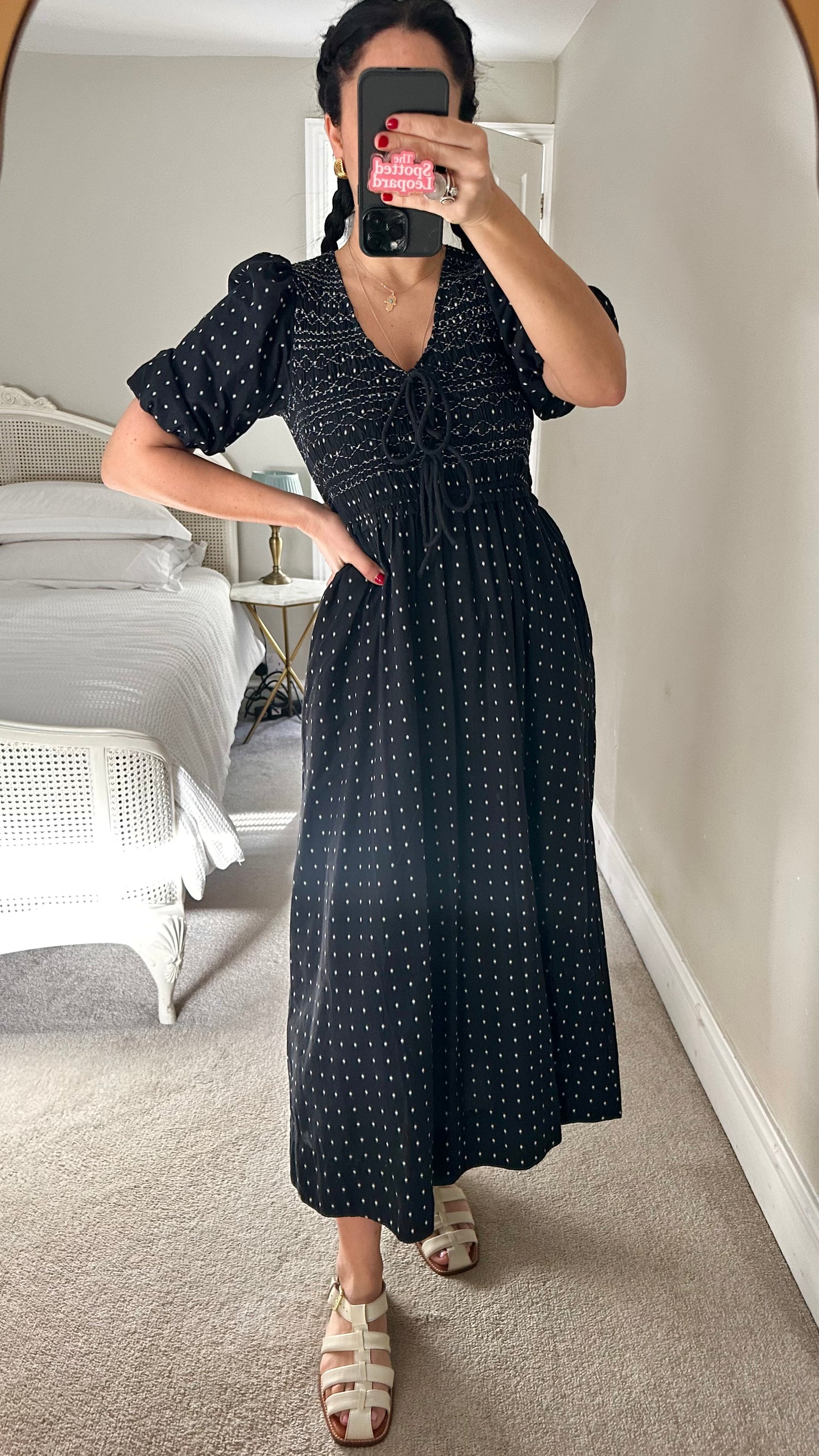 Oliver Bonas black white polka dot cotton maxi dress small UK 8-10 long vgc