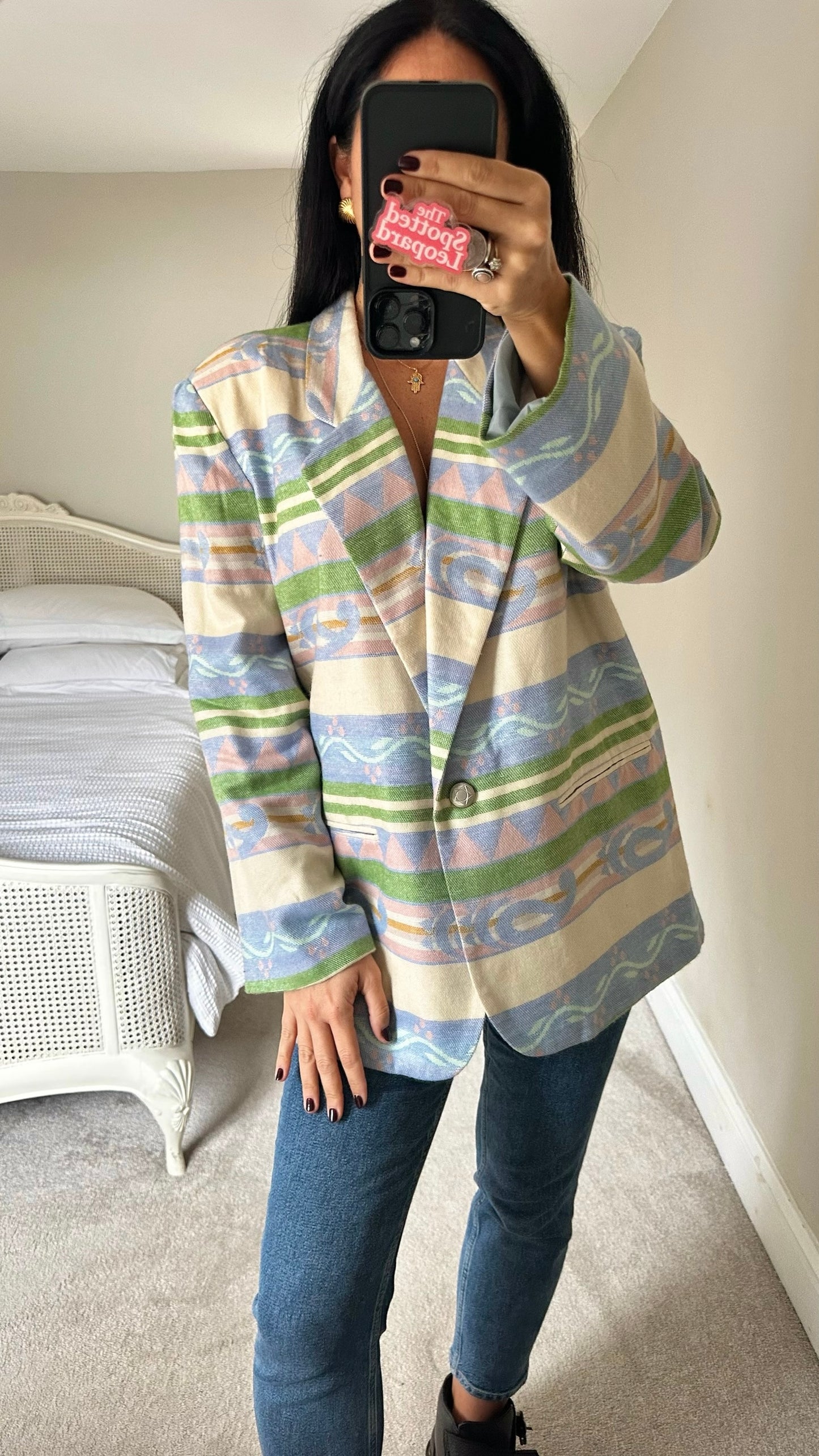 Blassport light blue cream pink Aztec print vintage blazer extra large XL UK 14 excellent used condition