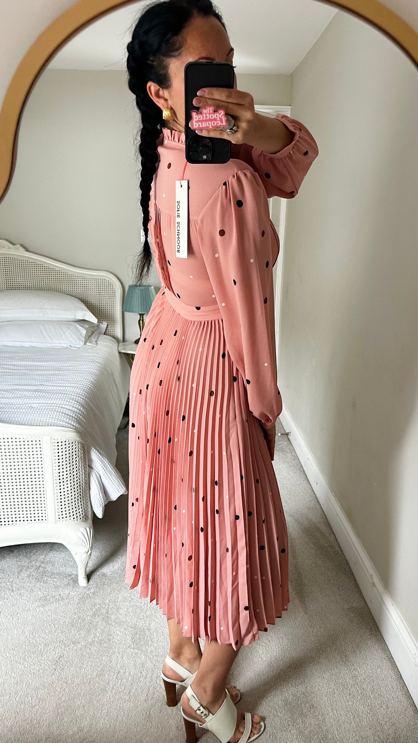 Sofie Schnoor pink pleated midi even polka dot dress small/ medium UK 10 vgc
