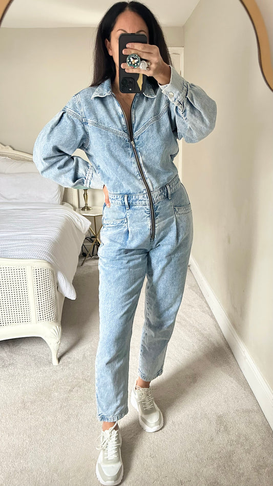 Mango acid wash blue denim jeans boiler suit medium UK 10 vgc