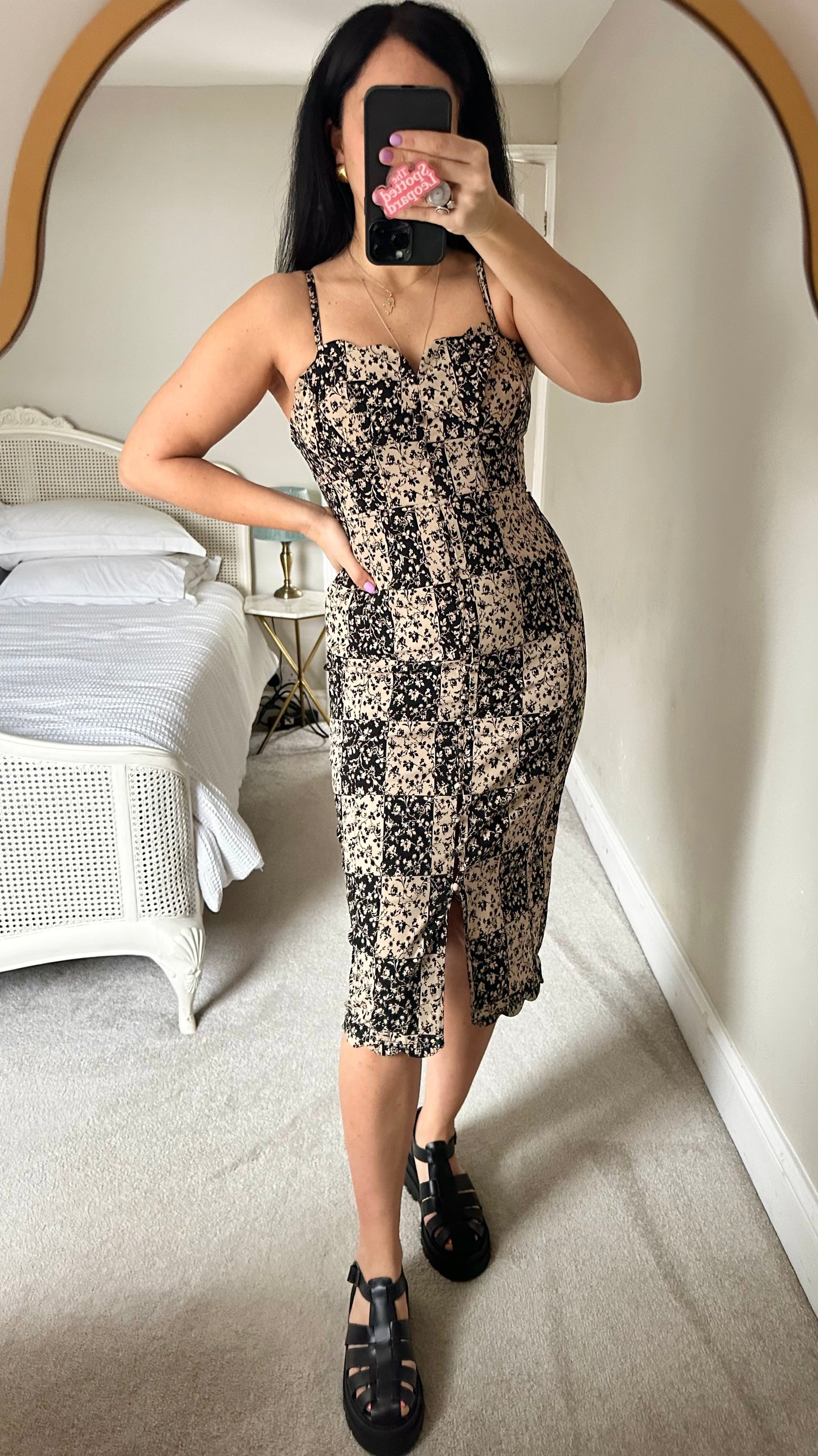 Anthropologie black beige floral chequered midi small UK 10 vgc holiday