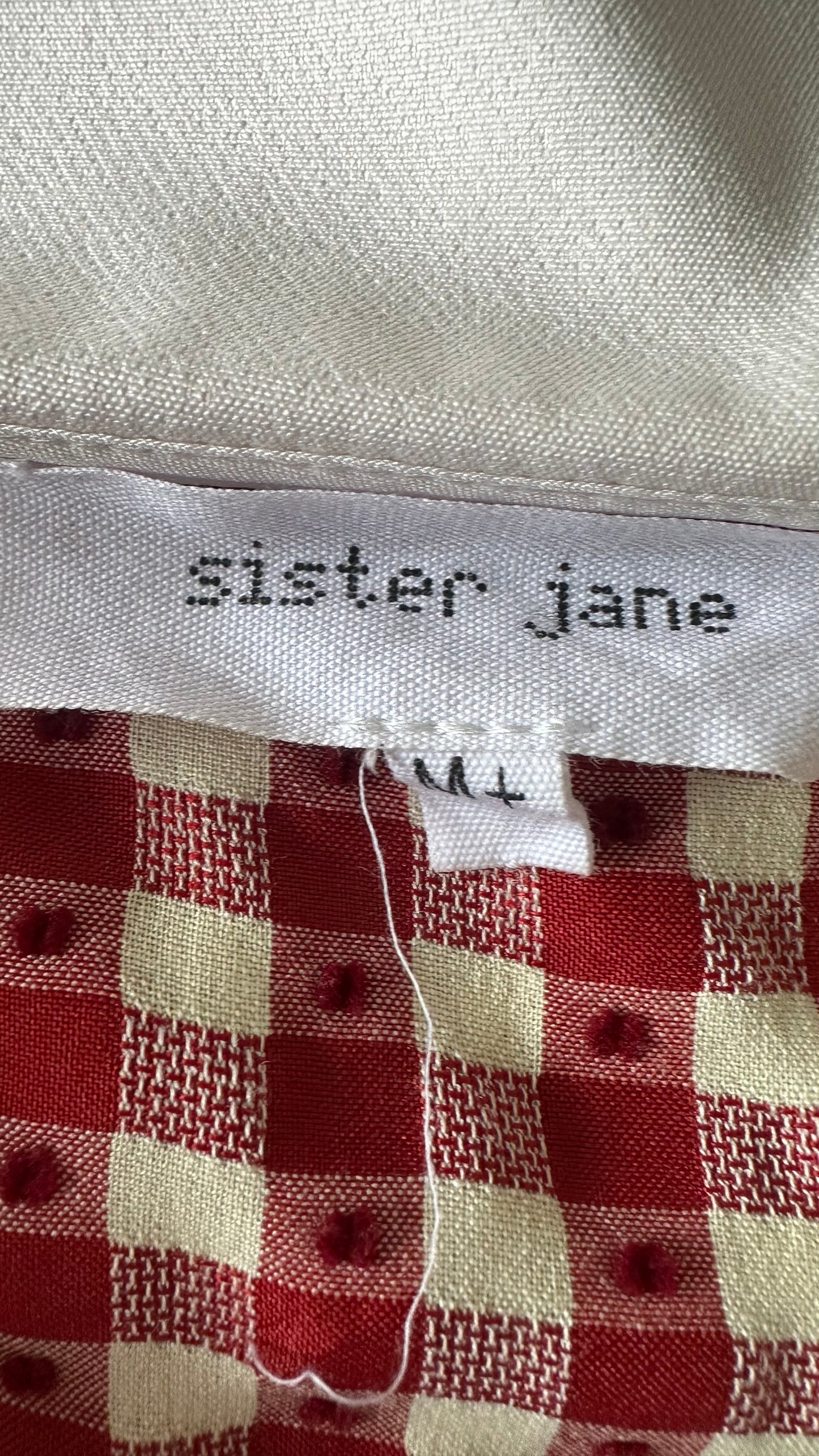 Sister Jane red cream gingham check button up shirt dress petite mini medium UK 12