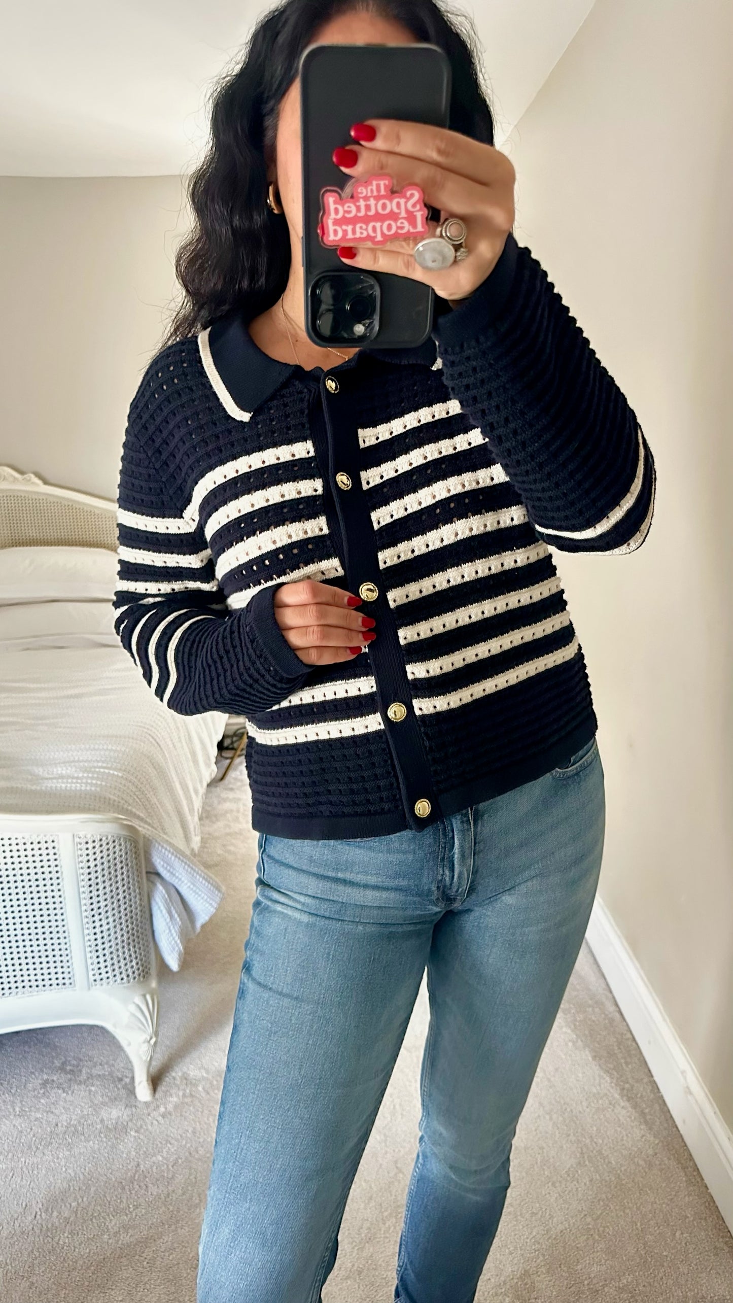 Anthropologie navy blue white stripe crochet knitted cardigan extra large UK 14 vgc XMS25