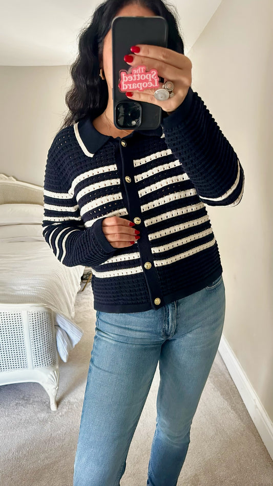 Anthropologie navy blue white stripe crochet knitted cardigan extra large UK 14 vgc XMS25