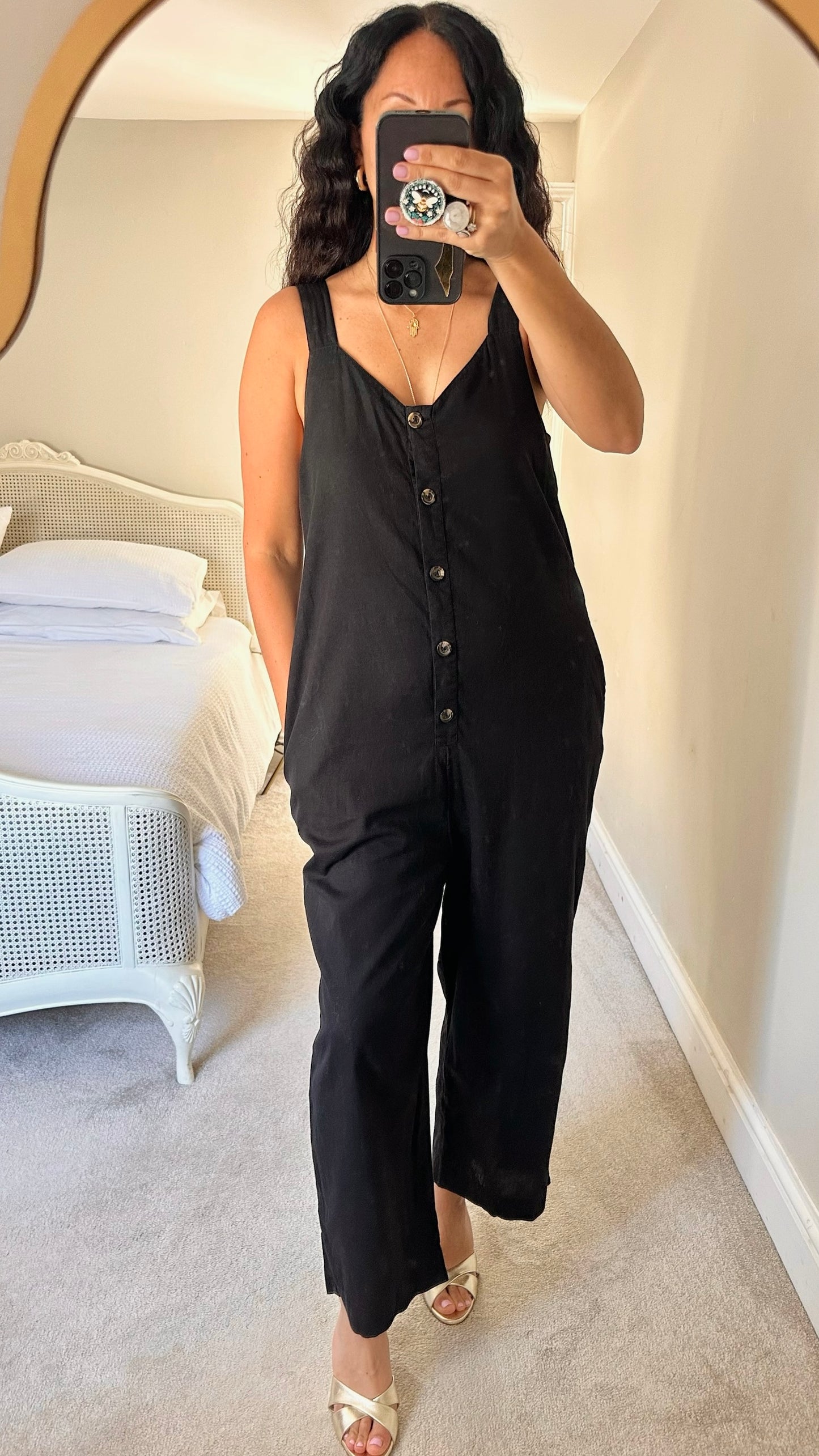Warehouse black button up linen blend jumpsuit large L UK 12-14 vgc