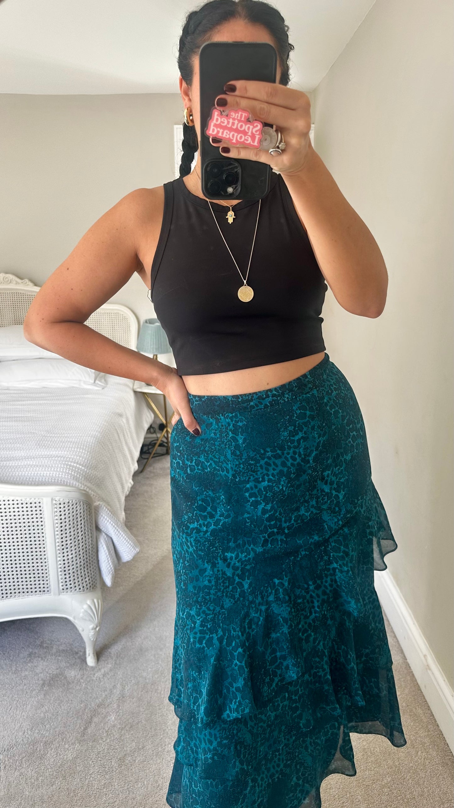 Whistle’s turquoise black animal print midi long skirt Medium UK 10 vgc event