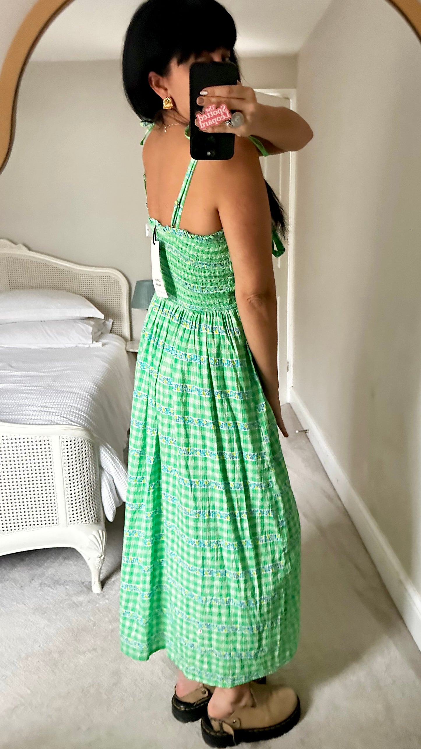 Damson Madder bright green gingham check front tie maxi holiday dress medium UK 14 new bnwt