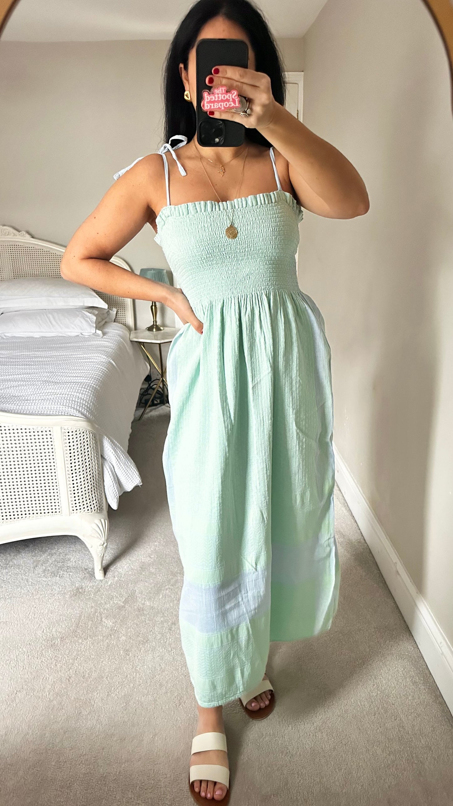 Cecilie Copenhagen mint green lilac/blue Palestinian khuffiyeh print shirred holiday summer cotton dress small UK 10-12 vgc