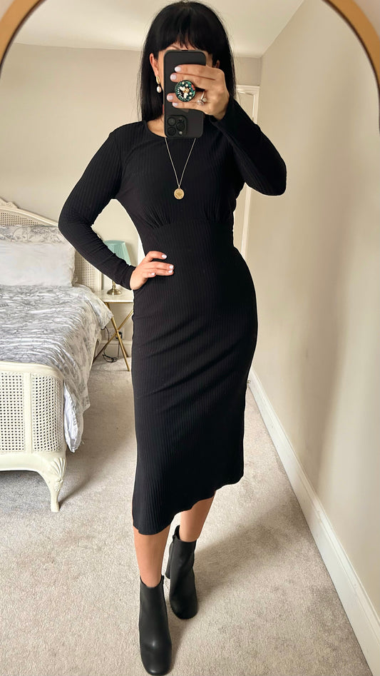 Nobody’s Child black ribbed midi dress large UK 12-14 vgc