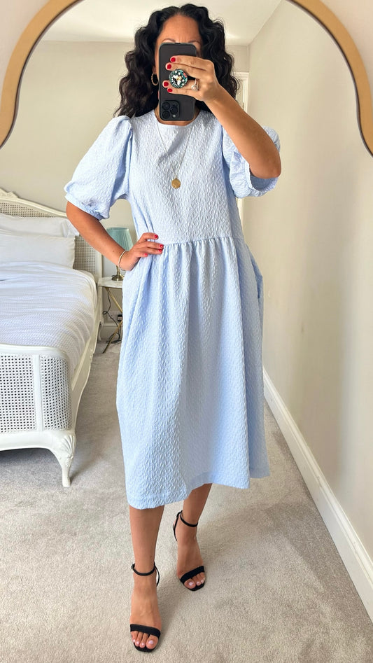 Second Female pale blue crinkly balloon sleeve midi dress extra large XL UK 14