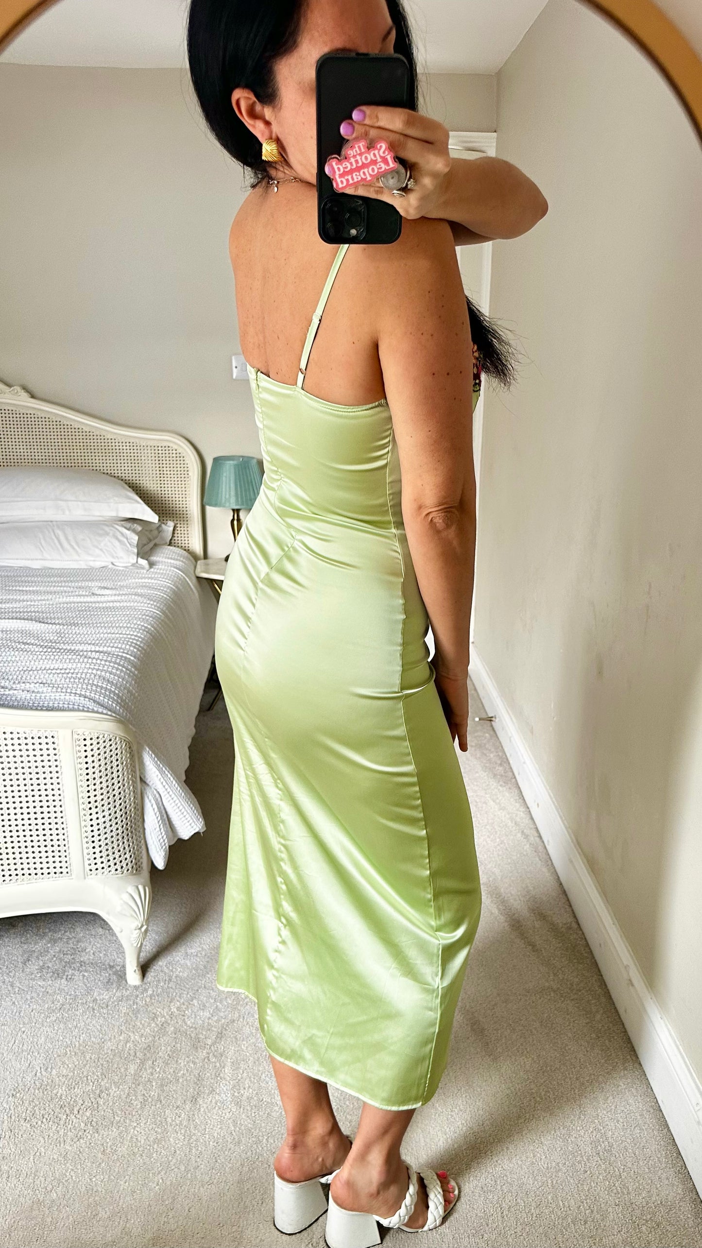 Lime green pink floral evening event dress midi long small UK 8-10 slip vgc