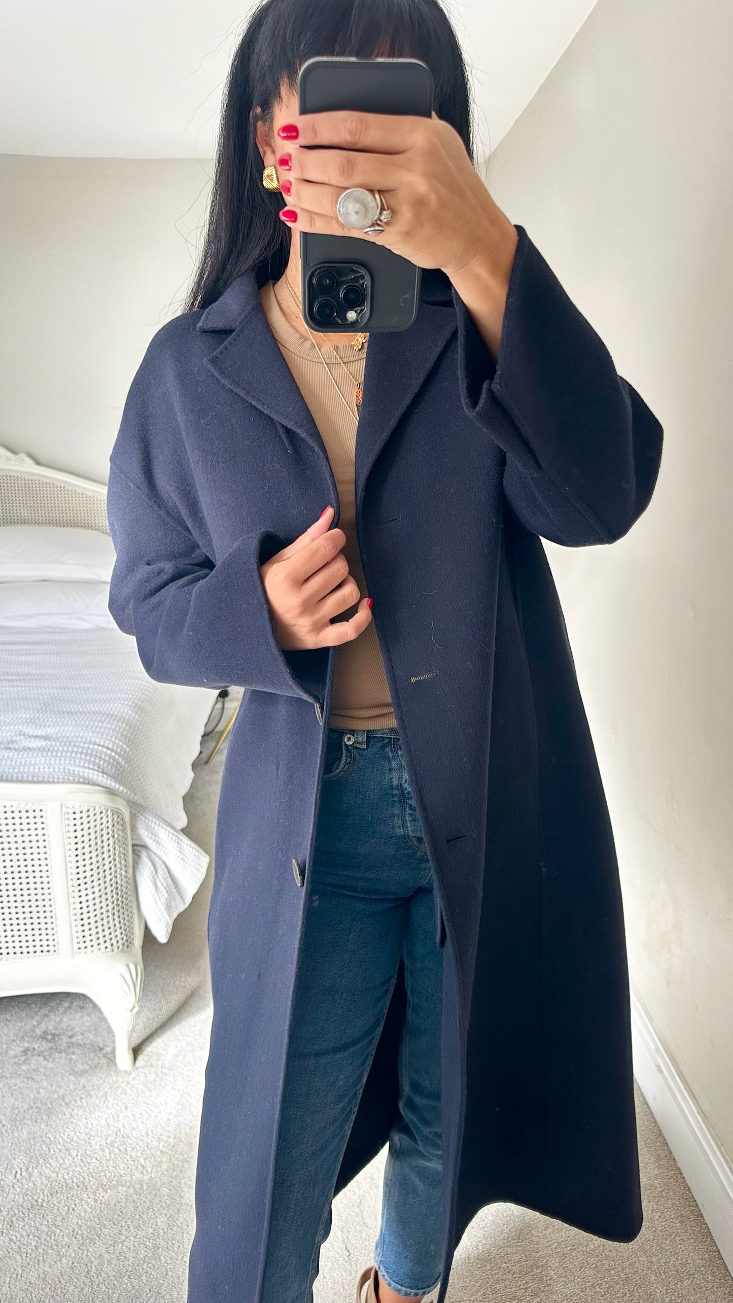 Jaeger navy blue wool blend long line coat extra large UK 14 vgc