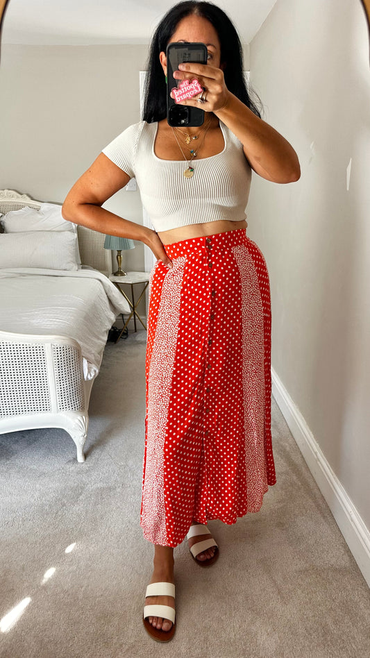 YAS coral white floral polka dot button up midi skirt small UK 8 vgc
