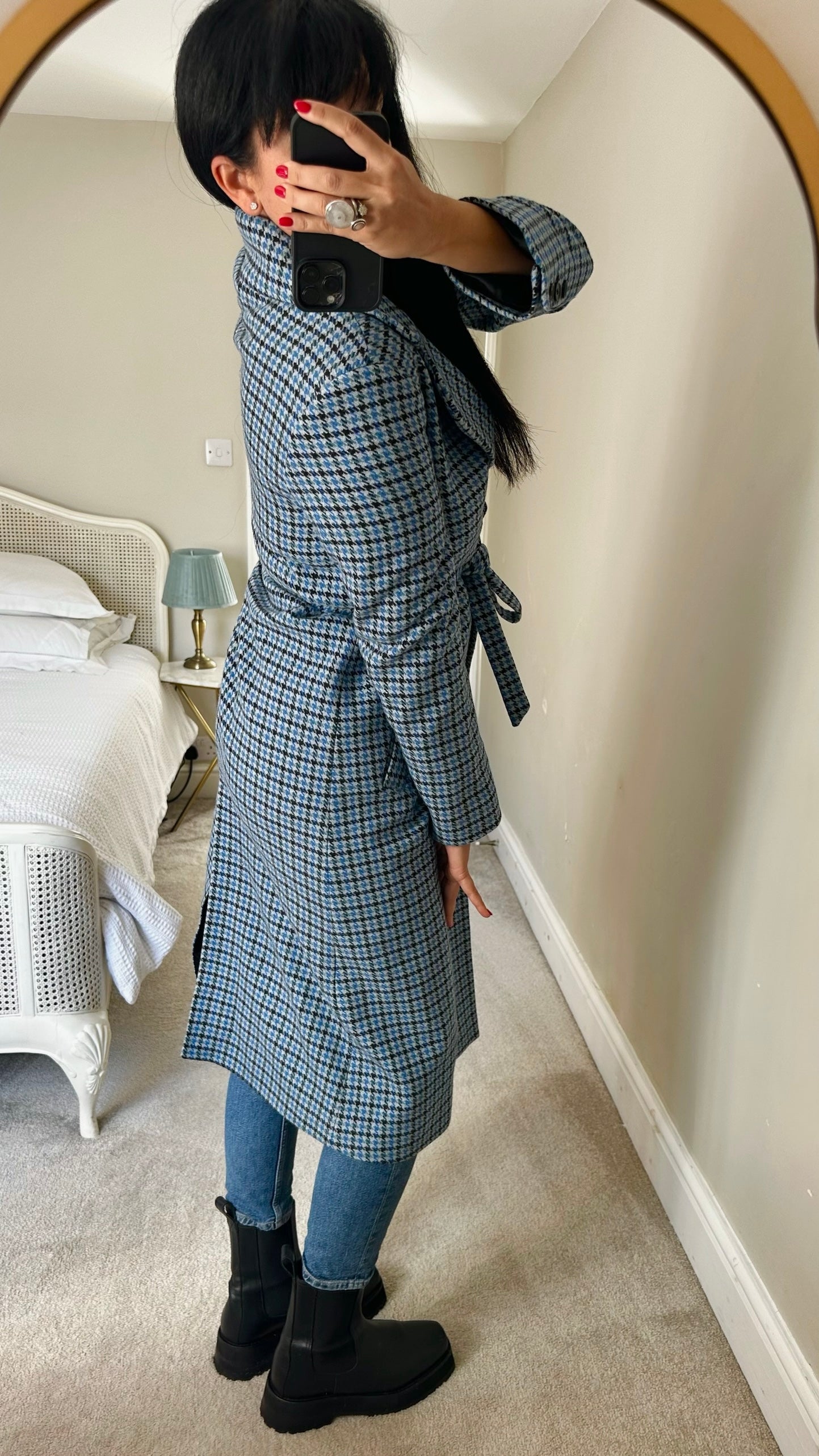 & Other stories light blue gingham check wool blend trench mac style longline coat small S UK 8 excellent used condition