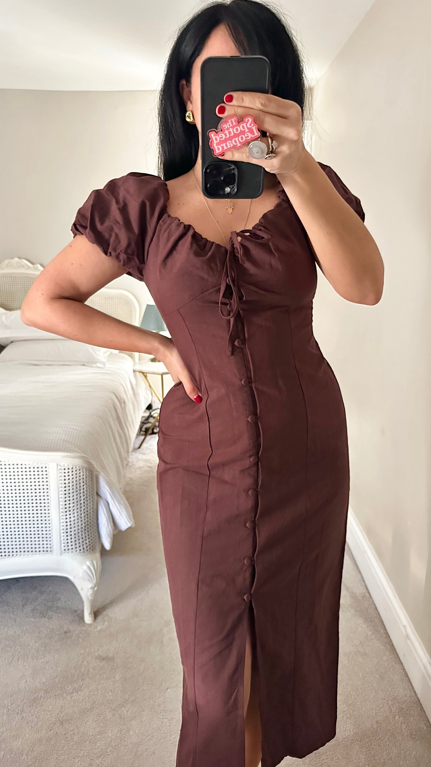 Nobody’s Child brown linen blend button up midi dress small UK 10 new bnwt