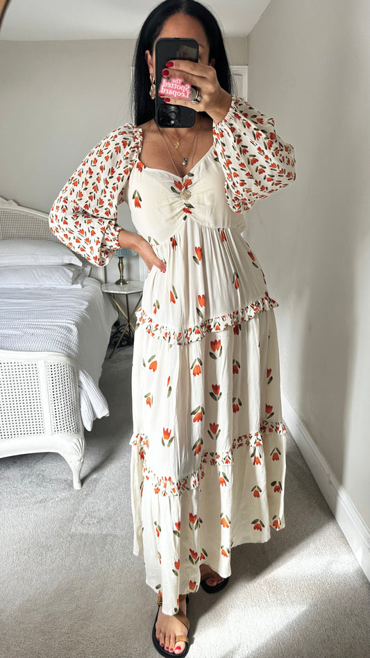 Mint Velvet cream orange apricot maxi long boho event dress medium UK 12 14 vgc