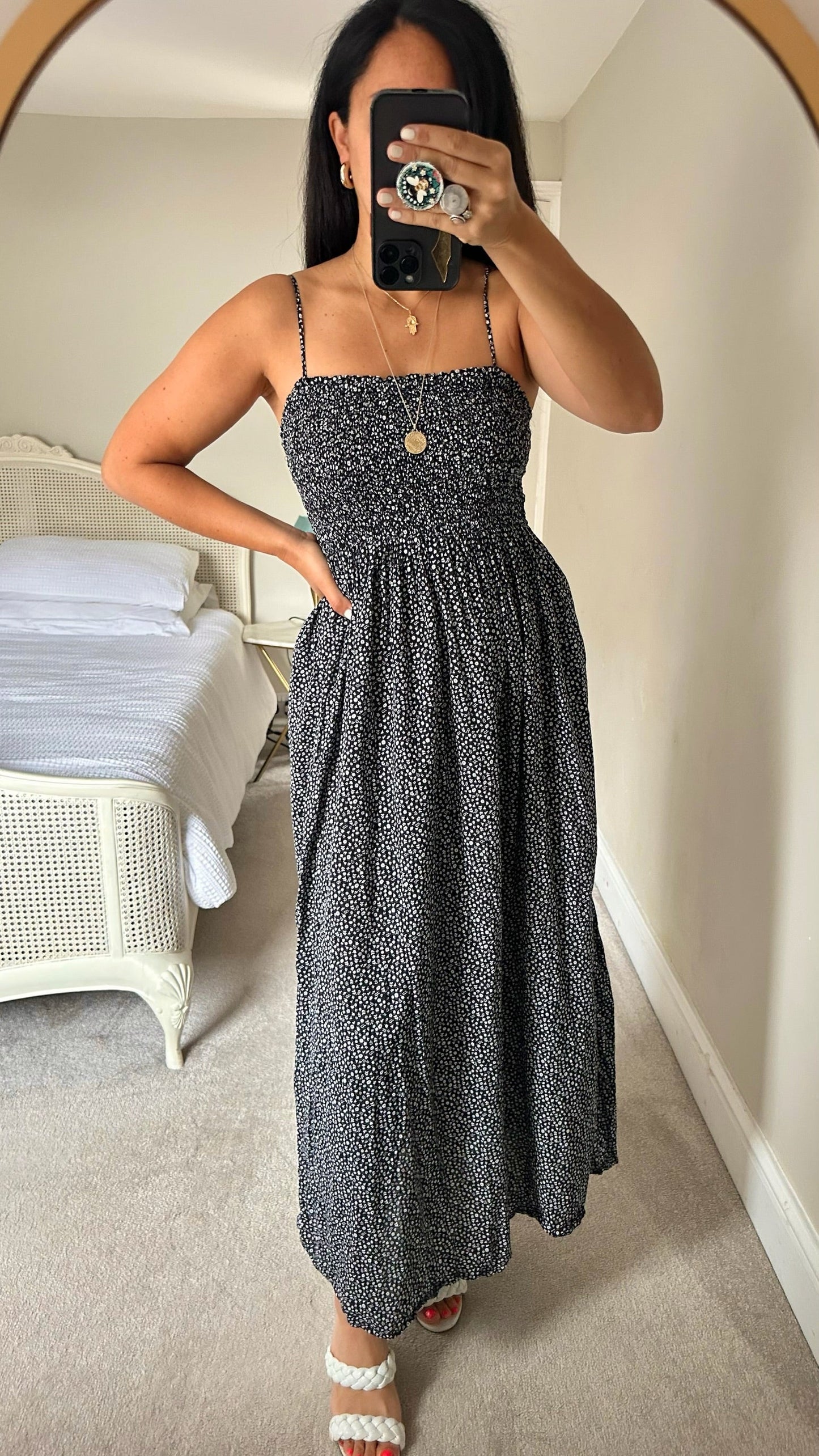 & other stories black white shirred bust midi maxi slip dress medium UK 12 vgc holiday