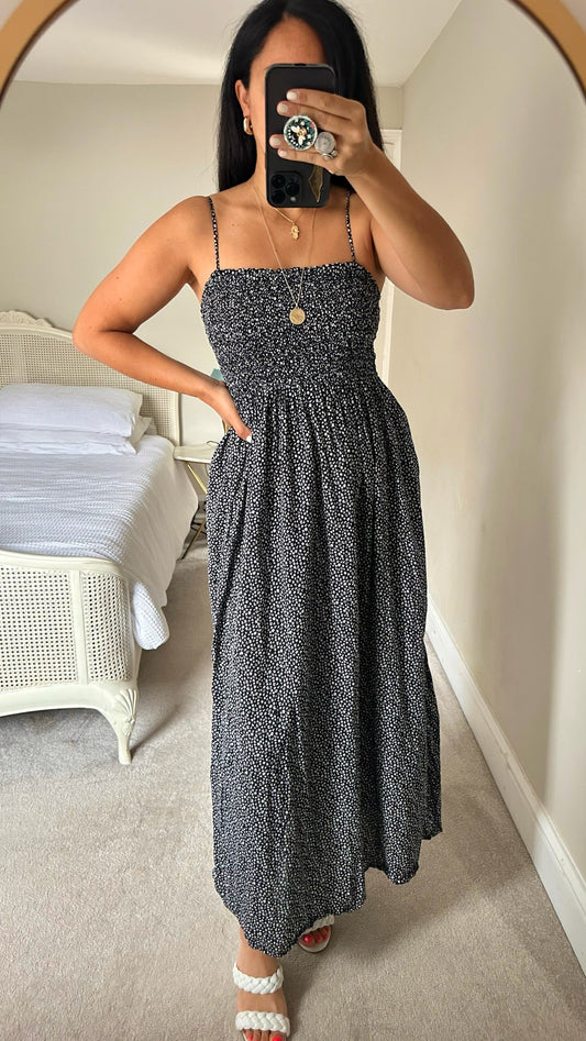 & other stories black white shirred bust midi maxi slip dress medium UK 12 vgc holiday