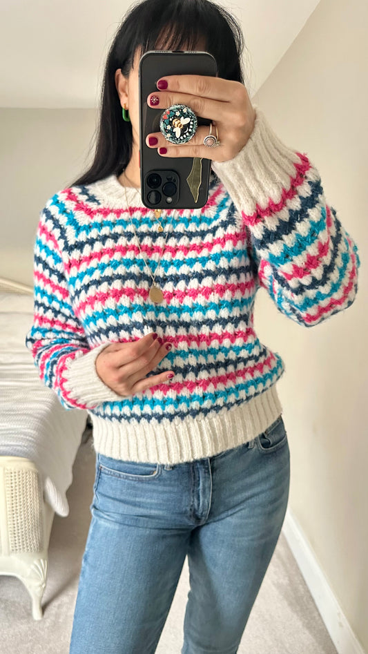 Zara pink white blue knitted jumper small medium UK 8 10 vgc