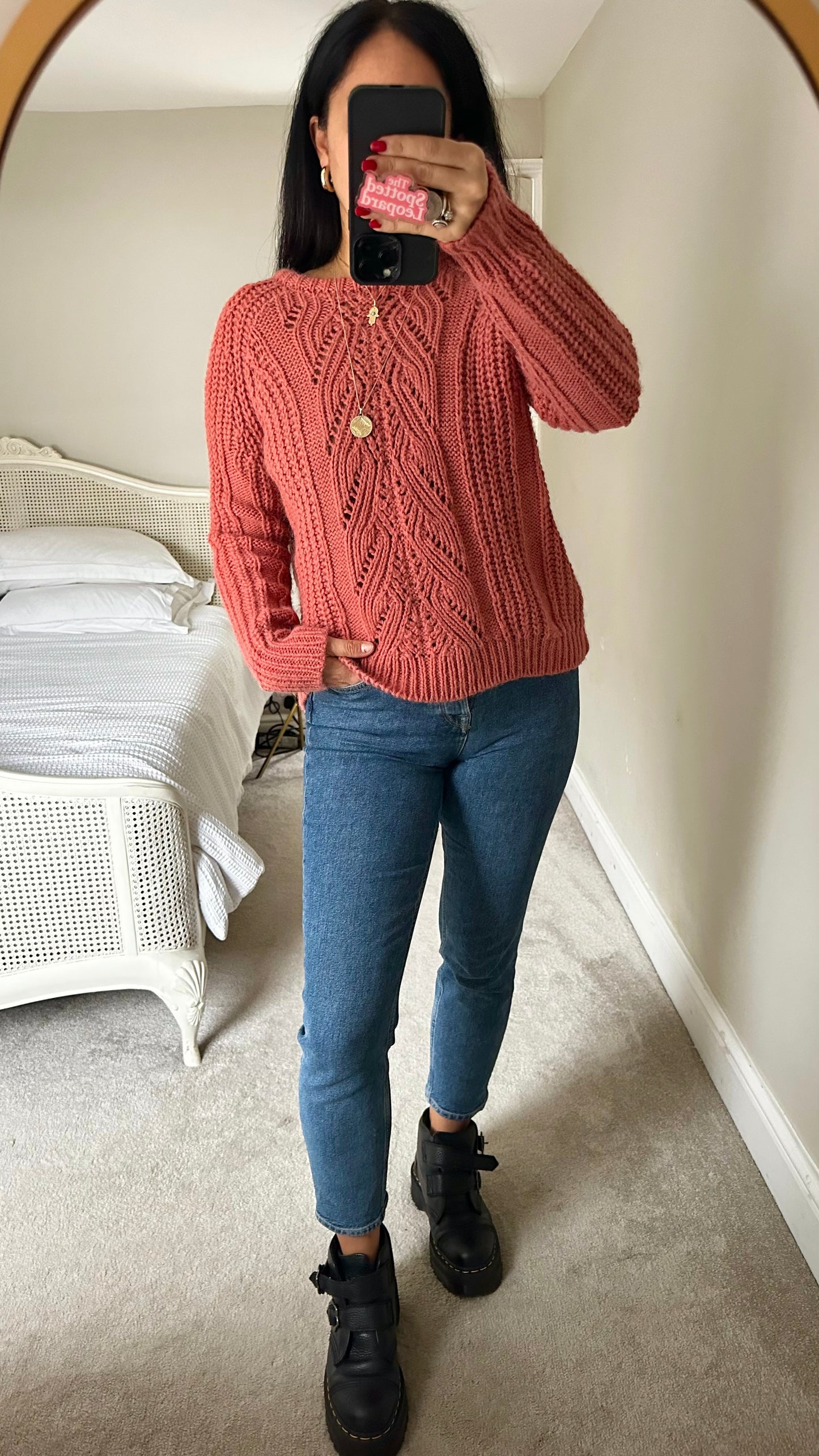 Tahari burnt orange coral pink alpaca wool blend knitted jumper large UK 12 vgc