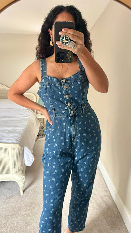 Nobody’s Child denim jeans button up dungaree jumpsuit playsuit suit floral medium extra large UK 10 14