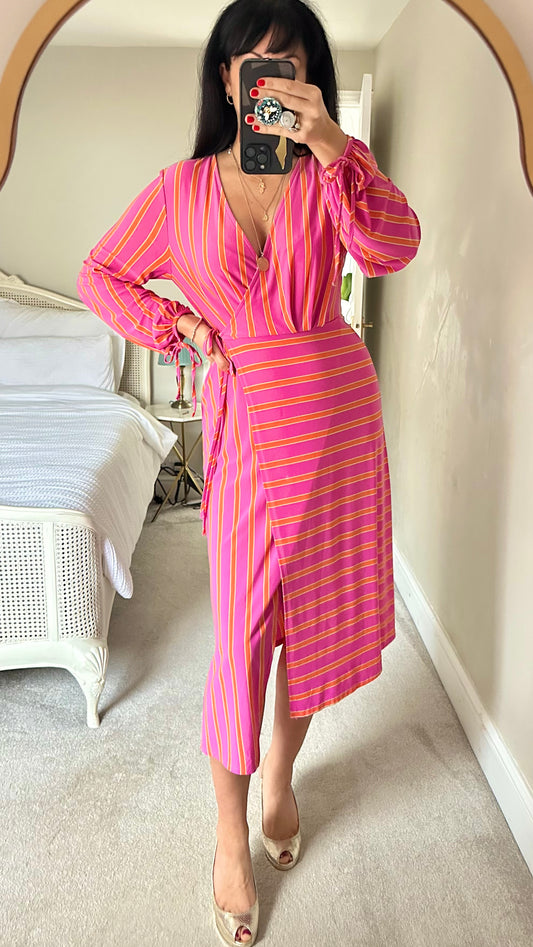 Topshop Fuschia pink orange stripe faux wrap event dress large UK 12 vgc