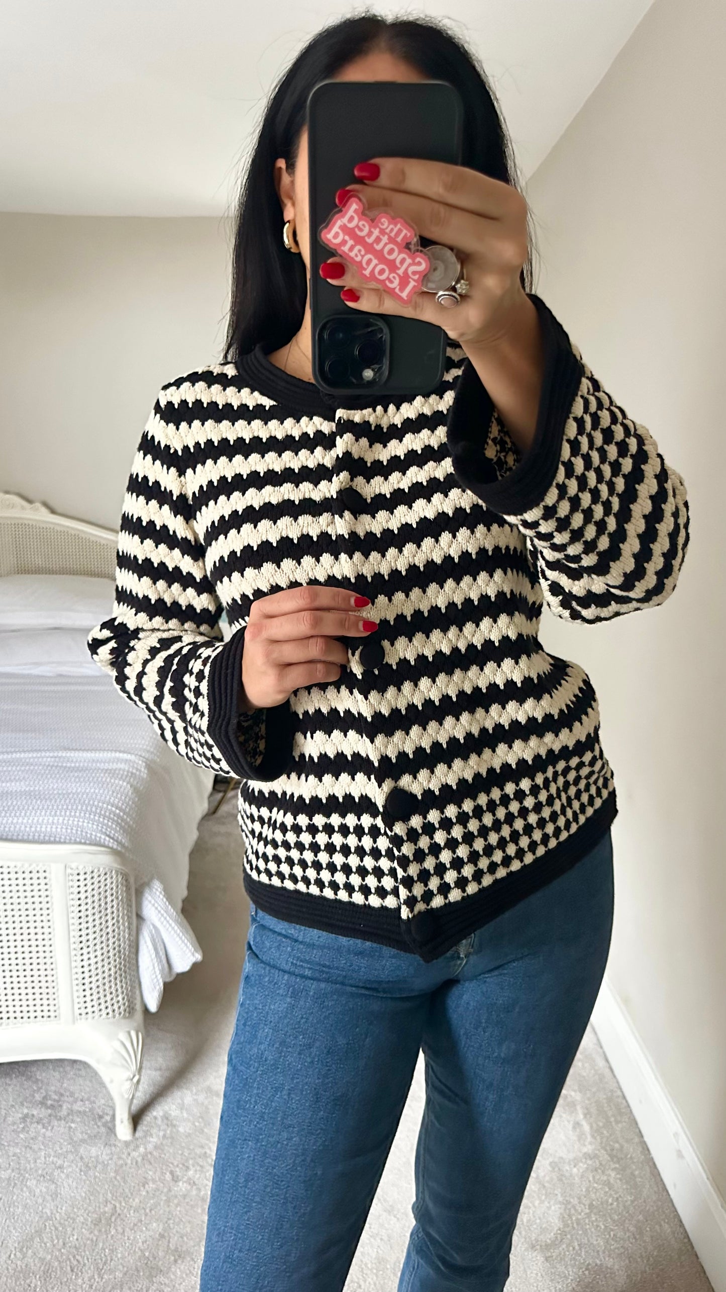 YAS black cream stripe bubble knitted cardigan jumper large UK 12 vgc