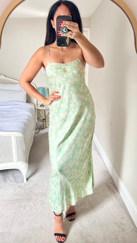 Zara pale green cream floral slip maxi dress medium UK 10 vgc