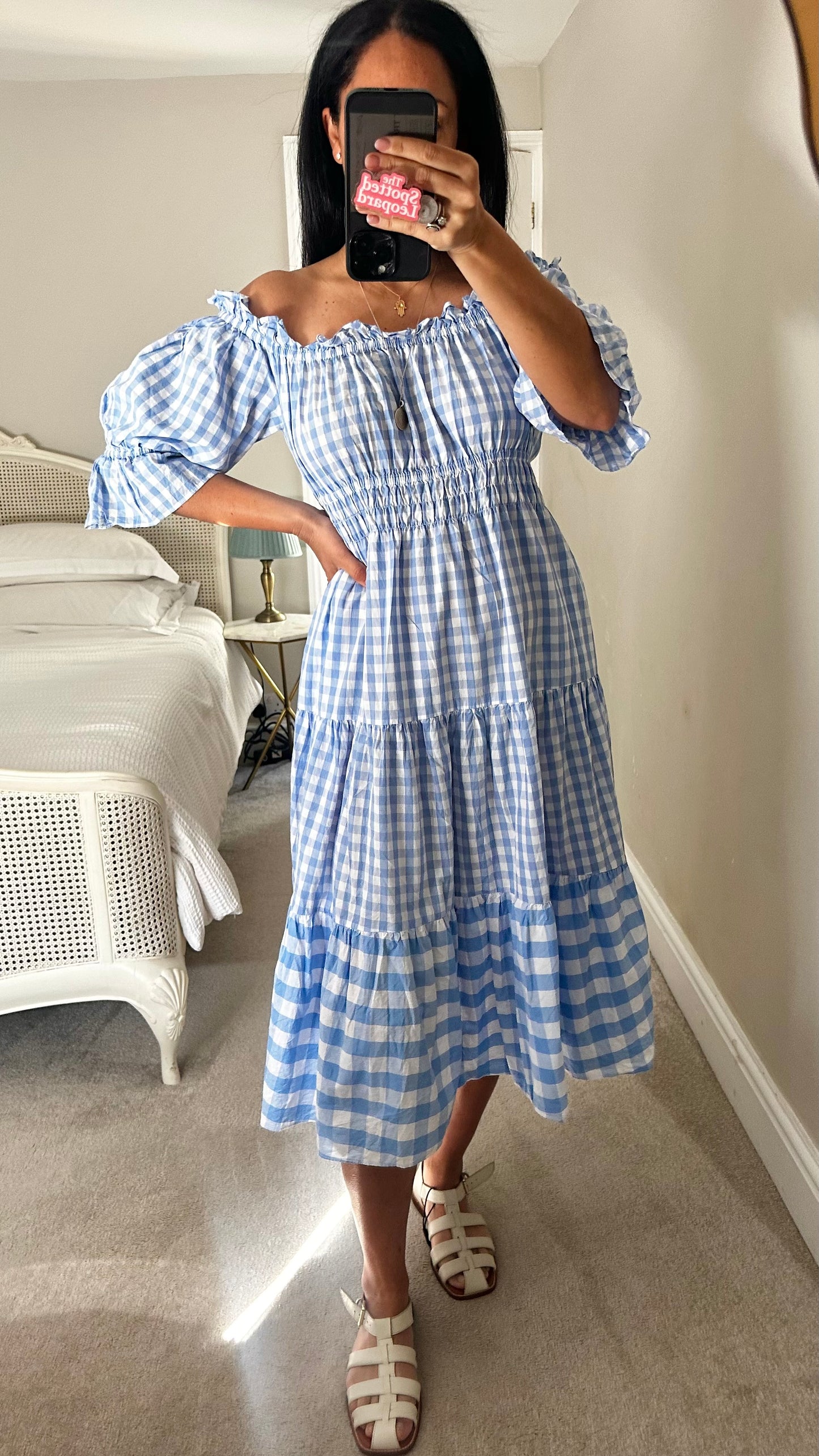 Kitri light blue white gingham check midi off shoulder dress medium UK 14 vgc