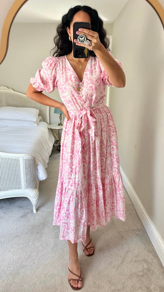 Oliver bonas white pink floral linen blend holiday dress medium UK 10 vgc